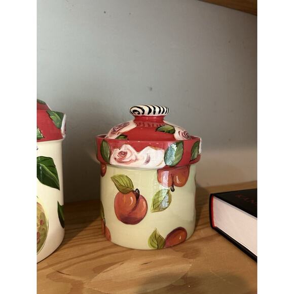 Droll Designs Set Of 4 Canister Fruit Apples Pears Plums Lemons Rose Lids Rare - Picture 6 of 16